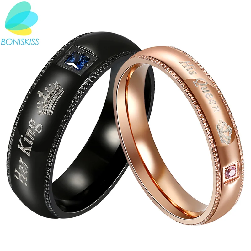 

Boniskiss New Couple Engagement Ring Lovers Rings For Women And Men Stainless Steel Jewelry Wedding "Her King" "His Queen" Rings