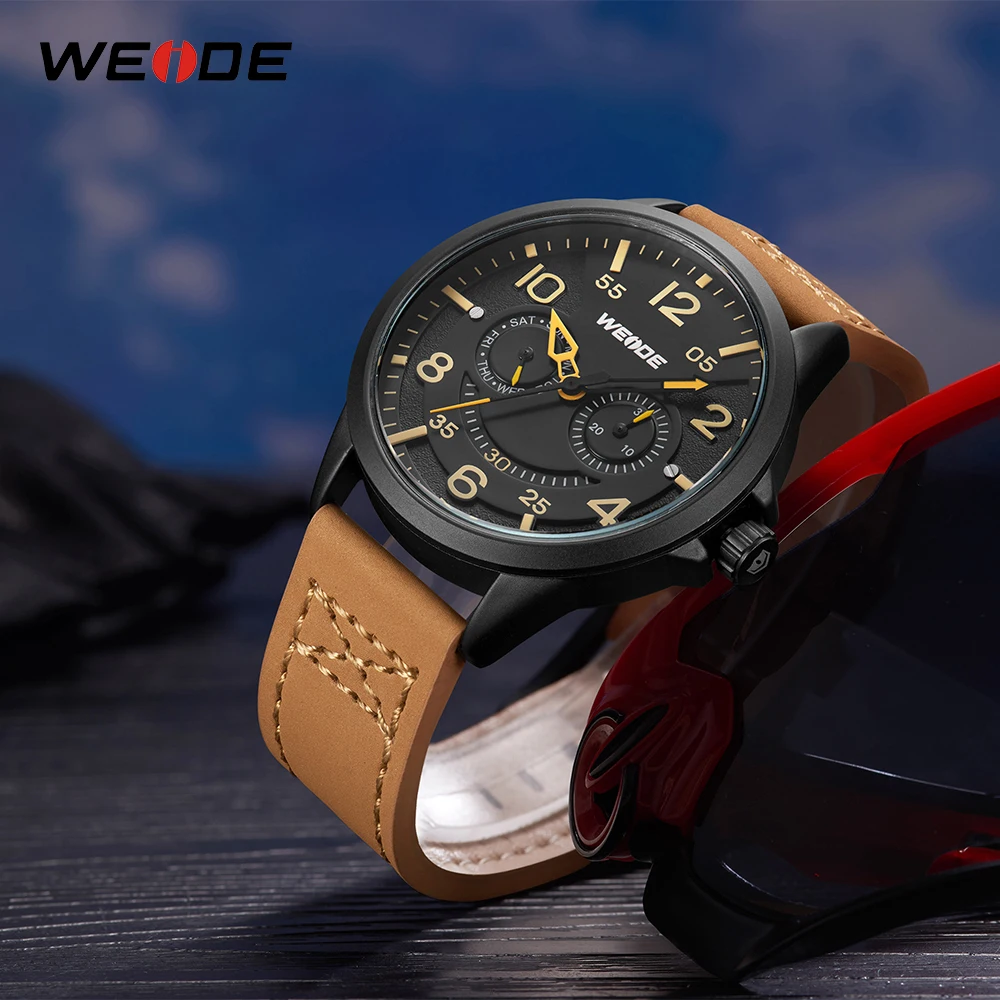 WEIDE Роскошная модная модель Мужские Аналоговые кожаные спортивные армейские военные кварцевые мужские наручные часы
