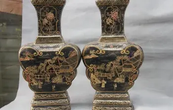 

16 Chinese Royal Palace old wood exquisite wucai pine painted Bottle Vase pair