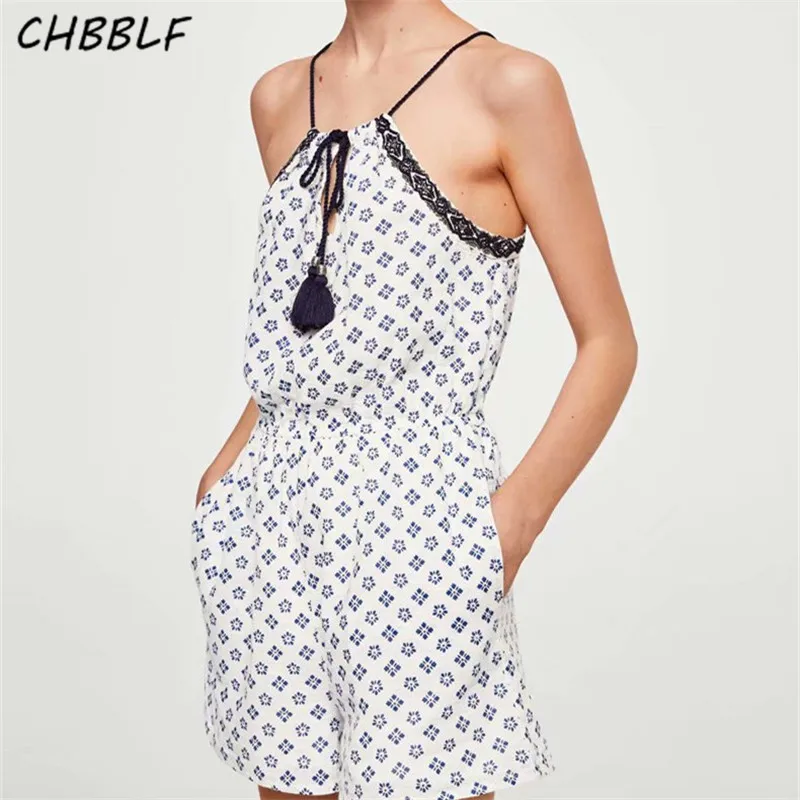 CHBBLF floral jumpsuits embroidery sleeveless tassel tie elastic waist