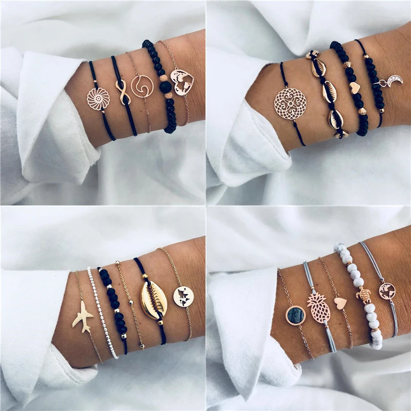 

ZORCVENS 5 PCS/Set Gold Color Moon Map Bracelets Set Bohemia Vintage Black Beads Charm Bracelets for Woman