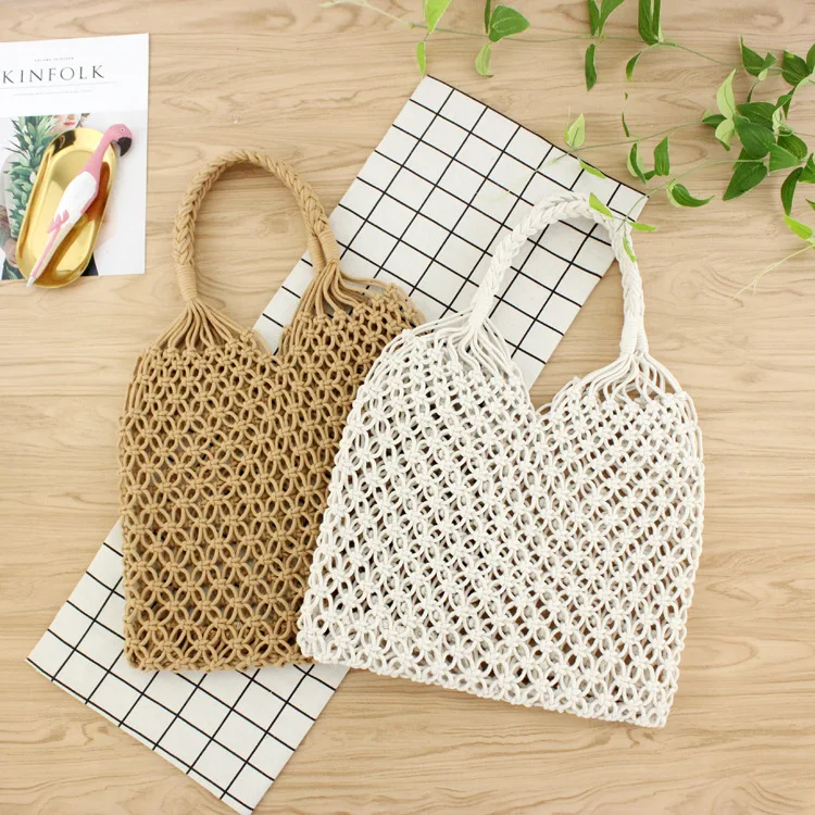 

35x32CM Copper Buckle Handmade Cotton Thread Hand Hand Mesh Hollow Unlined Straw Bag Casual Woven Bag a5306