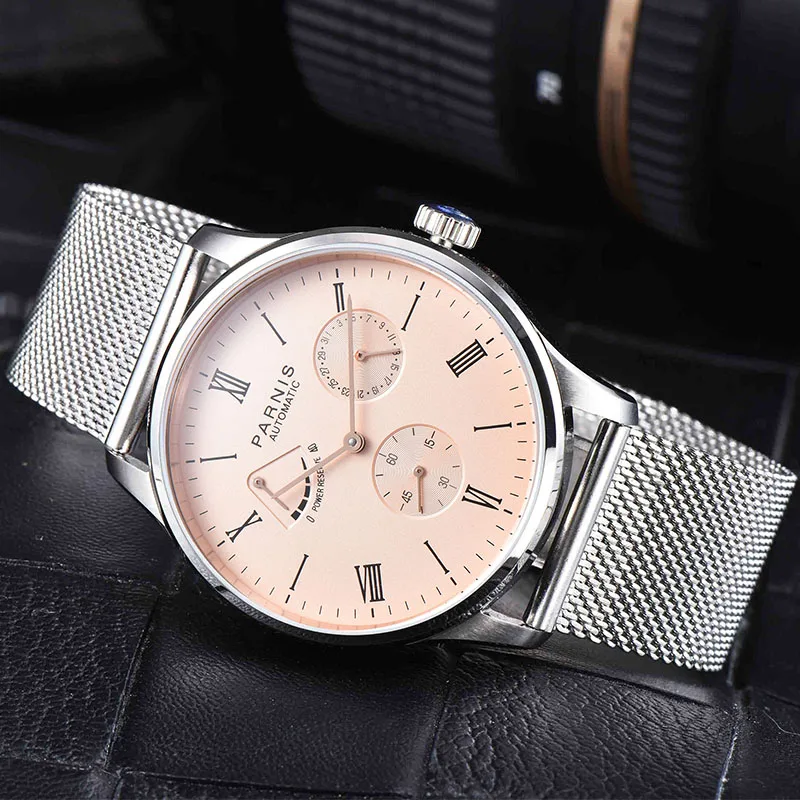 Parnis, механические мужские часы с автоматическим подзаводом, коричневый кожаный ремешок, мужские часы, relogio masculino, коробка для часов