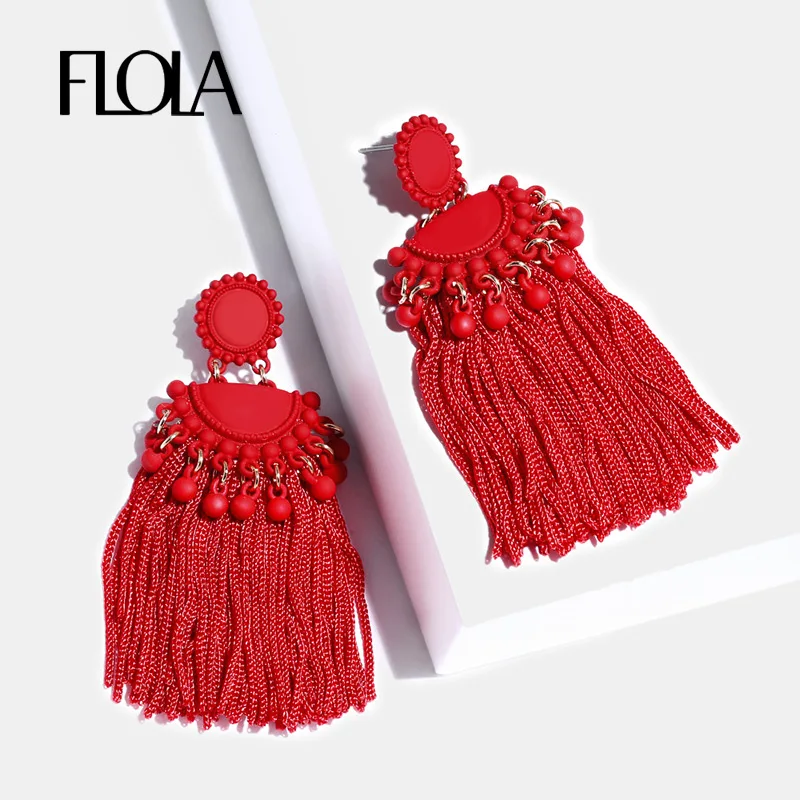 Женские Висячие серьги FLOLA Bohemia красные длинные с кисточками из смолы этнические