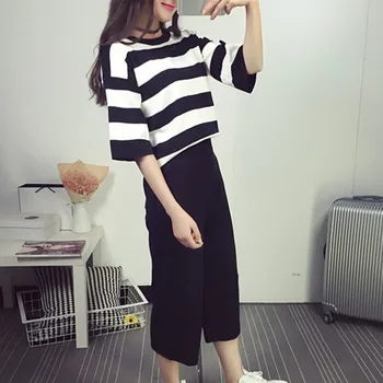 

Summer Sets Women's Fashion Casual Striped T-shirt + Loose Nine Wide Leg Pants Tide Set