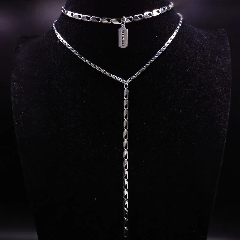 

Blade Stainless Steel Neckless Women Jewelry Goth Double Layer Silver Color Pendant Necklace collares grandes de moda N18039