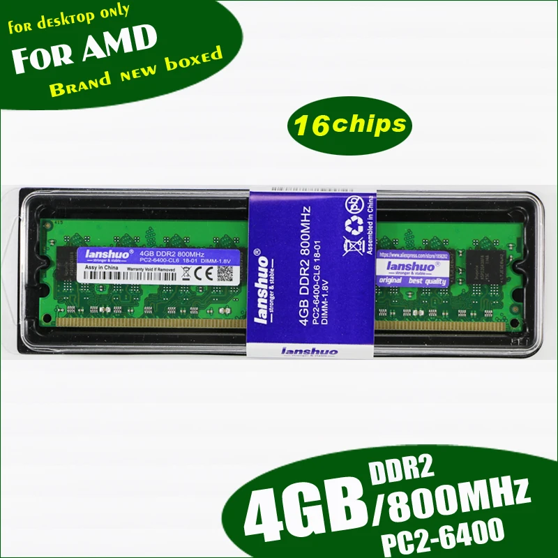 

lanshuo New 4GB DDR2 PC2-6400 800MHz 4G PC2 6400 For Desktop PC DIMM Memory RAM 240 pins For AMD System High Compatible(8 chips)
