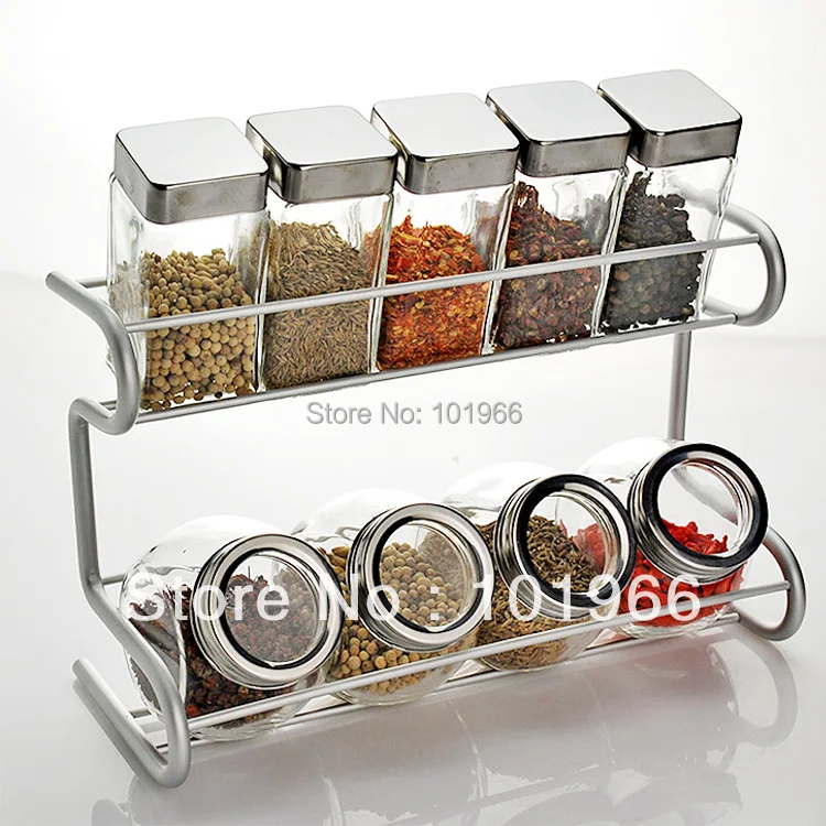 Free Shipping 9 Piece Glass Spice Bottle Jars with 2 Tier Stainless