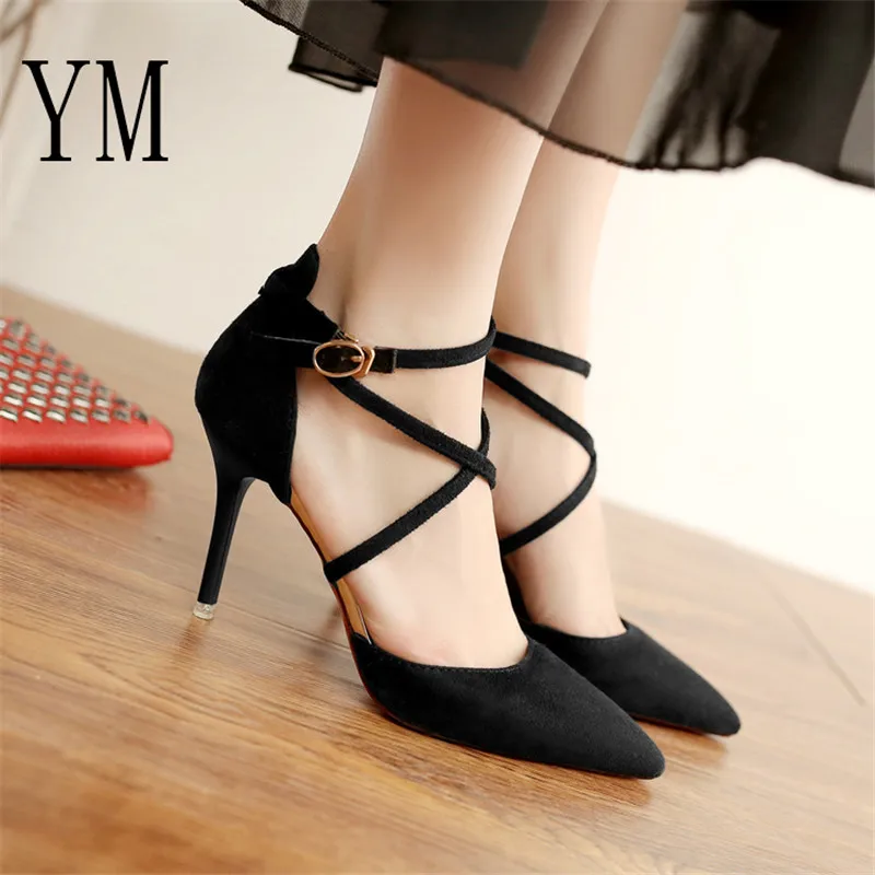

2019 New High 8.5CM Thin Heels Women Pumps Ankle Cross Strap Sandals Shoes Woman Ladies Pointed Toe High Heels Dress Party Shoes