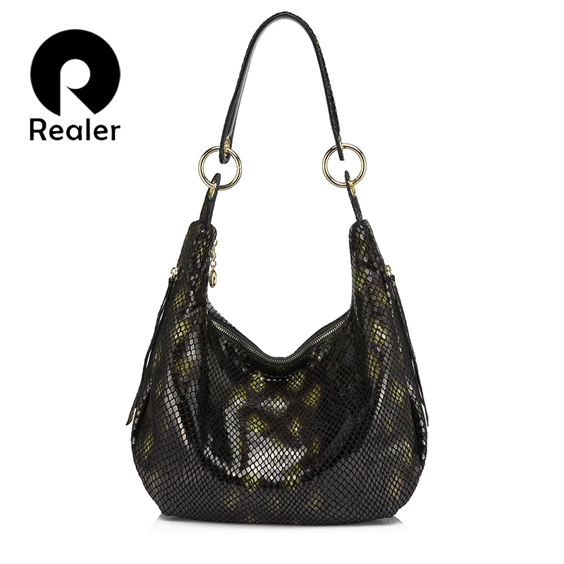 

REALER women shoulder bags genuine leather female handbag with serpentine prints ladies crossbody bag hobos high quality