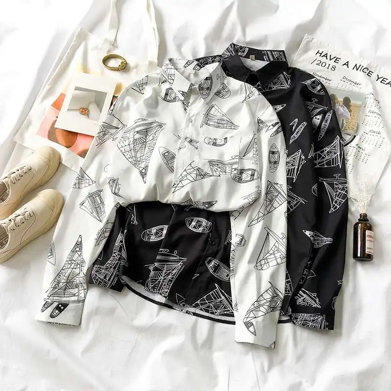 

Mferlier Floral Blouse Turn Down Collar Women Blouses Long Sleeve Casual Loose Black White Womens Blouses and Tops Ladies Top