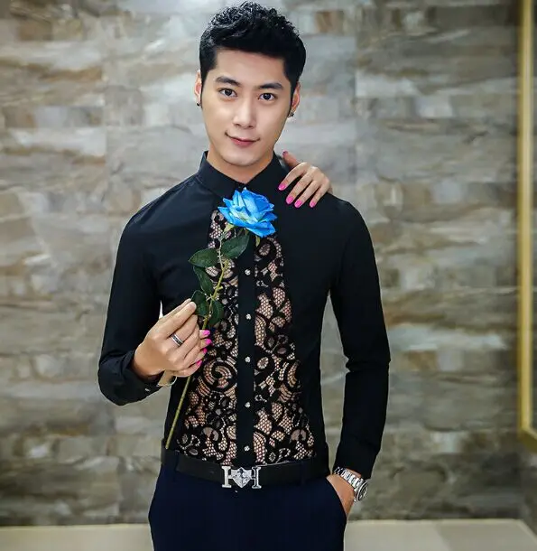 New Slim Lace Sching Metroual Men S Stylist Costumes New Slim Lace Sching Metroual Men S Stylist Costumes Clothing Male Fashion Dj Club Personality Long