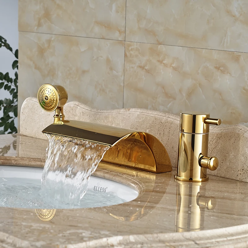 

Gold Finished Single Handle Bathroom Tub Faucet Deck Mounted 3PCS Mixer Tap