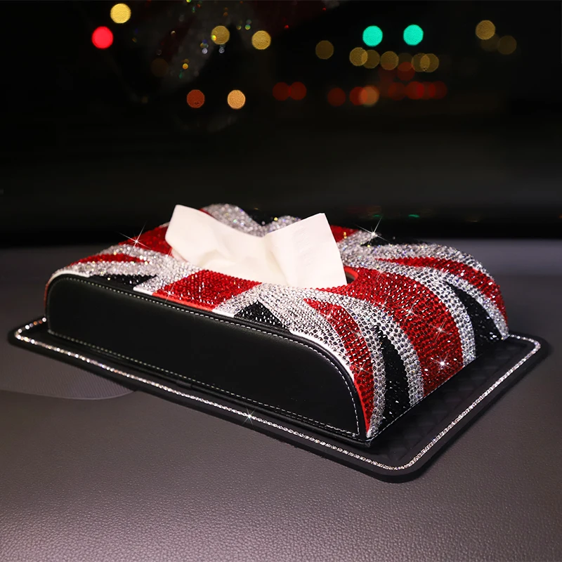 

The Union Jack Flag Style Car Tissue Box Glitter Crystal Red Black Dashboard Armrest Block Paper Tissue Box for Men Women