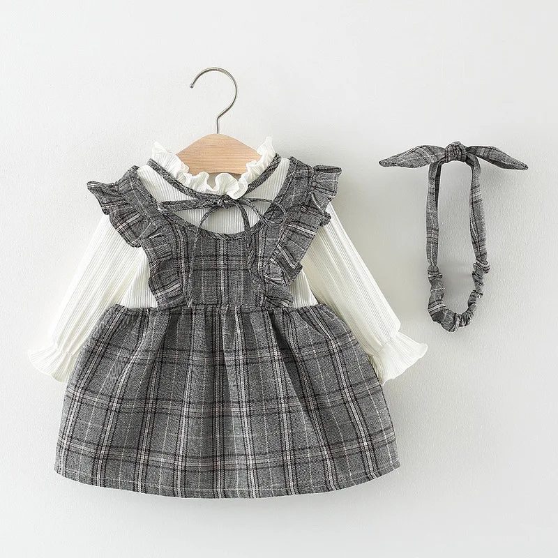 Милое Сетчатое платье с бантом для маленьких девочек; vestido infantil; платье с длинными рукавами для колледжа; платье из 2 предметов+ головной убор; осенние платья-пачки