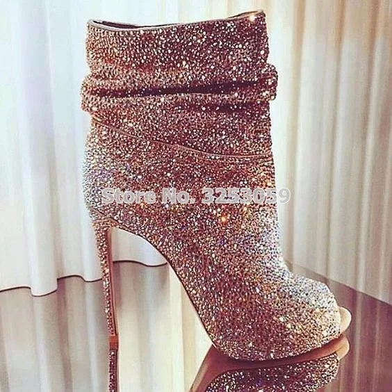 Eye-sighted Women Bling Bling Crystal Short Boots Open Toe Stiletto Heels Ankle Boots Shining Diamond Dress Pumps Bridal Shoes Eye-sighted Women Bling Bling Crystal Short Boots Open Toe Stiletto Heels Ankle Boots Shining Diamond Dress Pumps Bridal Shoes