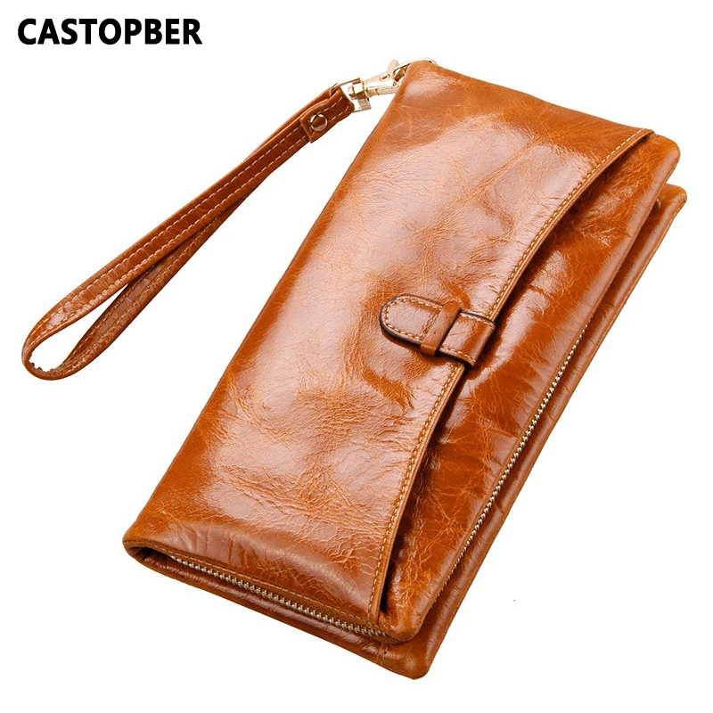 

New Designer Women Oil Wax Cowhide Genuine Leather Long Wallet Zipper Purse Brand Womens Organizer Clutch Wallets Vintage Female