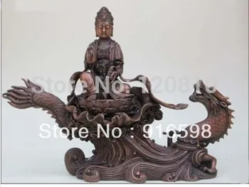 

19"China handmade bronze guanyin sitting on lotus at Fly dragon Body kwan yin ST statue