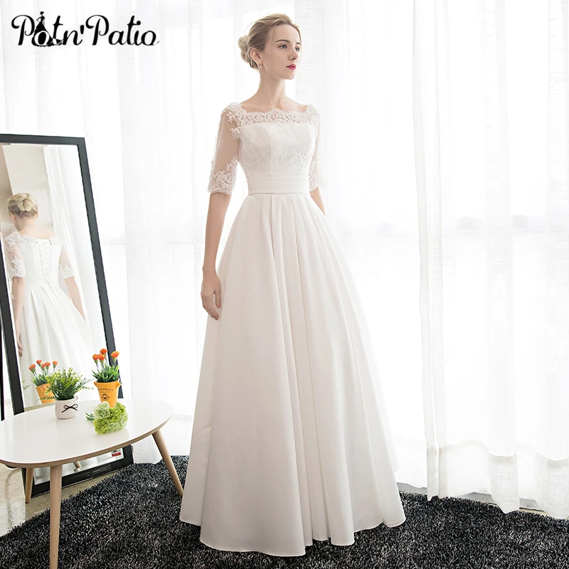 

Elegant White Satin Evening Dress with Half-sleeve Sexy Lace Applique Long Formal Gowns Plus Size Evening Dress New Year Party