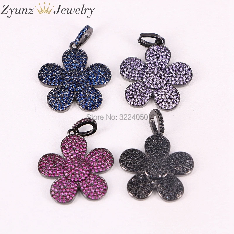 

5PCS A185-8357 Micro Pave CZ Stones Gun Black Pendant, Mix Color Zirconia Flower Pendants Lady Gifts