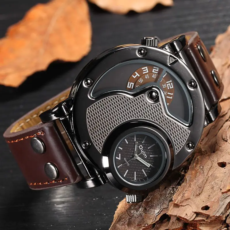 Oulm Two Time Zone Sports Wristwatch Military Army Men's Casual PU Leather Strap Antique Designer Q