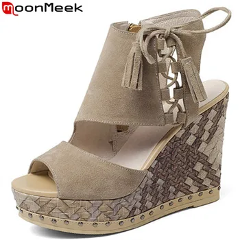 

MoonMeek black fashion summer new arrival shoes woman platform wedges sandals women high heels shoes suede leather prom shoes