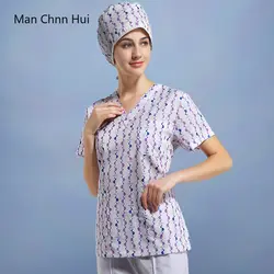 Спецодежда медицинская рубашка 100% хлопок печати короткий рукав Операционная для докторов медработников скраб рабочие Топы