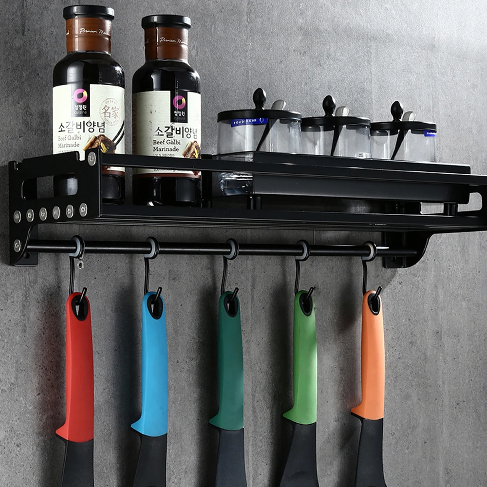 

Black hanger stainless steel wall-mounted storage rack with hook kitchen seasoning kitchen wall hanging wx7311506