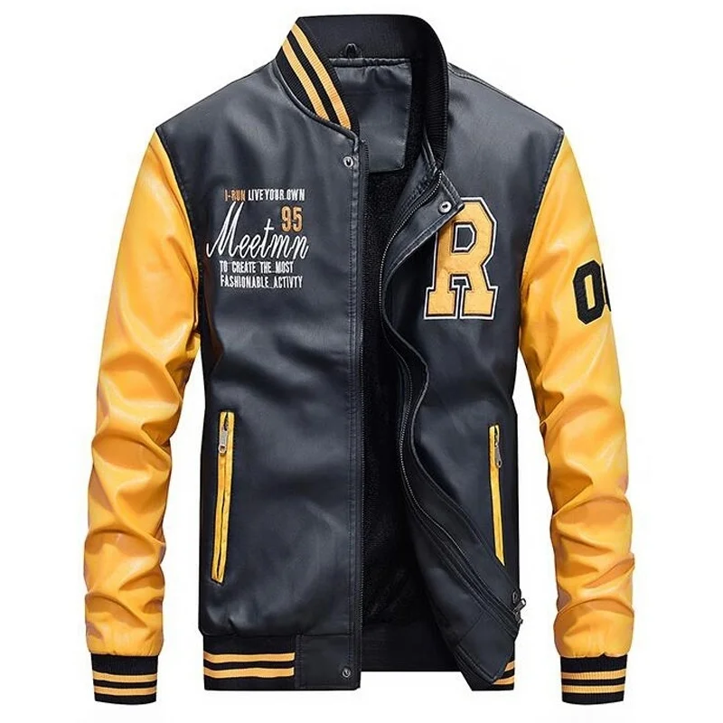 

Men Baseball Jacket Embroidered Leather Pu Coats Slim Fit College Fleece Luxury Pilot Jackets Men's Stand Collar Top Jacket Coat