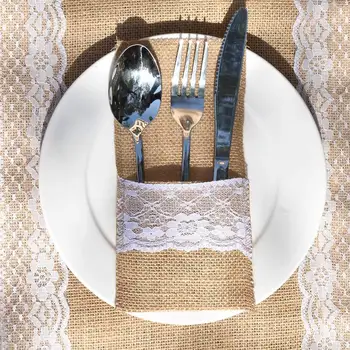 

10PCS Storage Bag Xmas Burlap Lace Utensil Holders Silverware Cutlery Pouch Christmas Knifes Forks Bag for Party Vintage Wedding