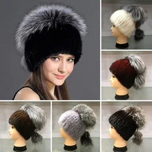 Шапка с помпонами из натурального меха норки и лисы, зимняя женская шапка, теплая вязаная шляпа, шапка бини, толстая женская шапка