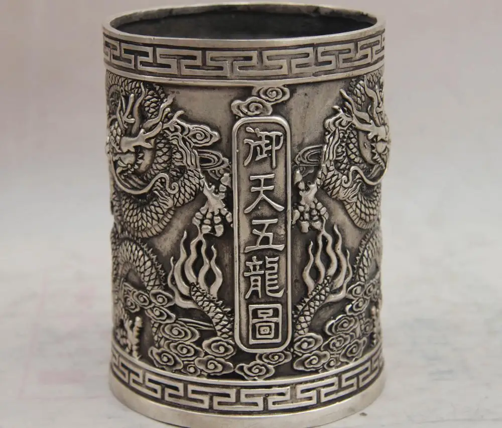 

China White Copper Silver Animal Five Dragon pencil vase Pen case brush pot SD 506