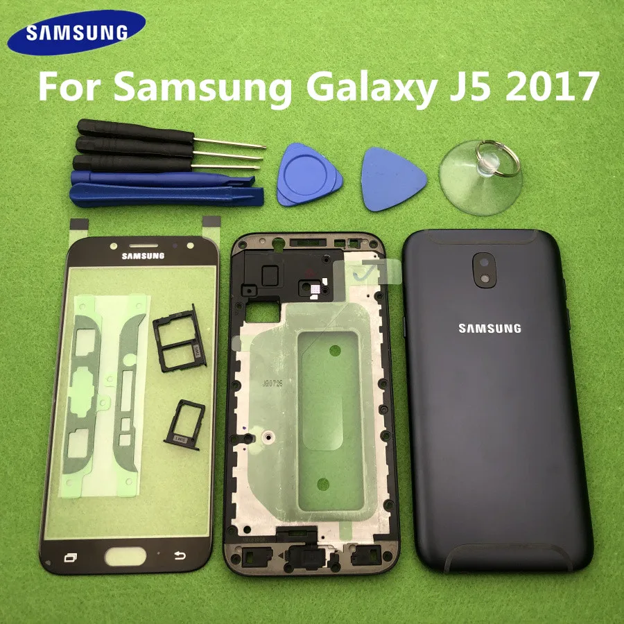 

For Samsung Galaxy J5 2017 J530 J530F Full Housing Case Bezel Middle Frame Back Cover Battery door + Front Glass Lens Tools