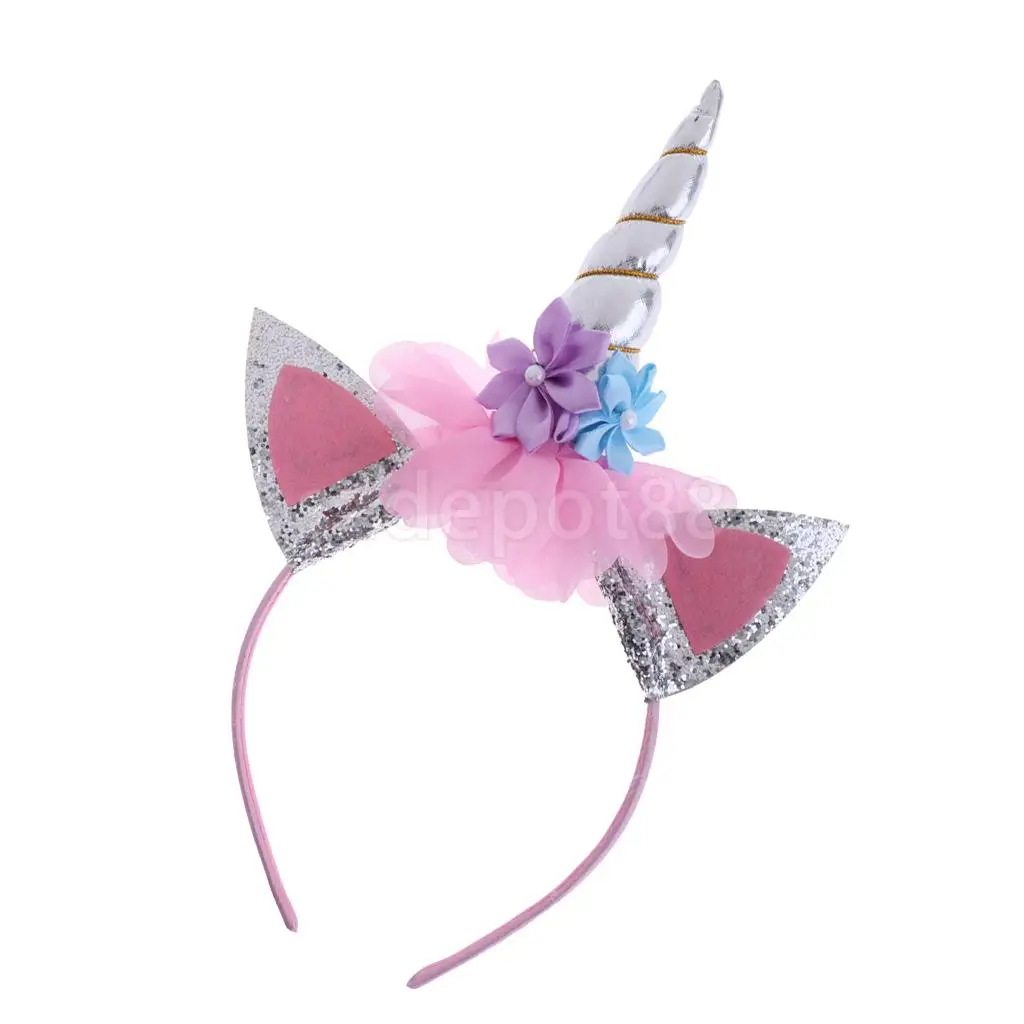 Girls Magical Unicorn Horn Ears Headband Fancy Dress Costume Glitter Gold/silver
