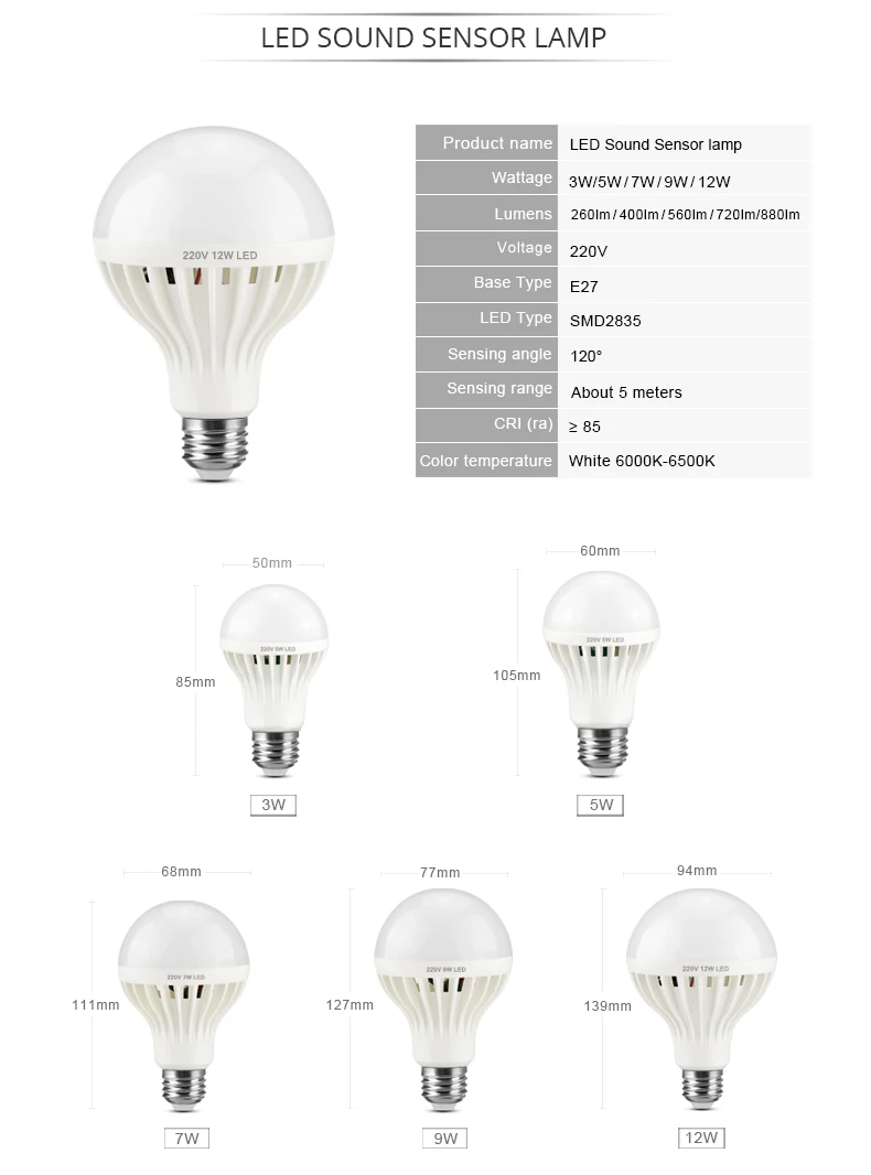 Умный звуковой датчик/датчик движения PIR Светодиодный светильник 220 в E27 3 Вт 5 Вт 7 Вт 9 Вт 12 Вт светодиодный ночник переключатель автоматическое управление домашнее освещение