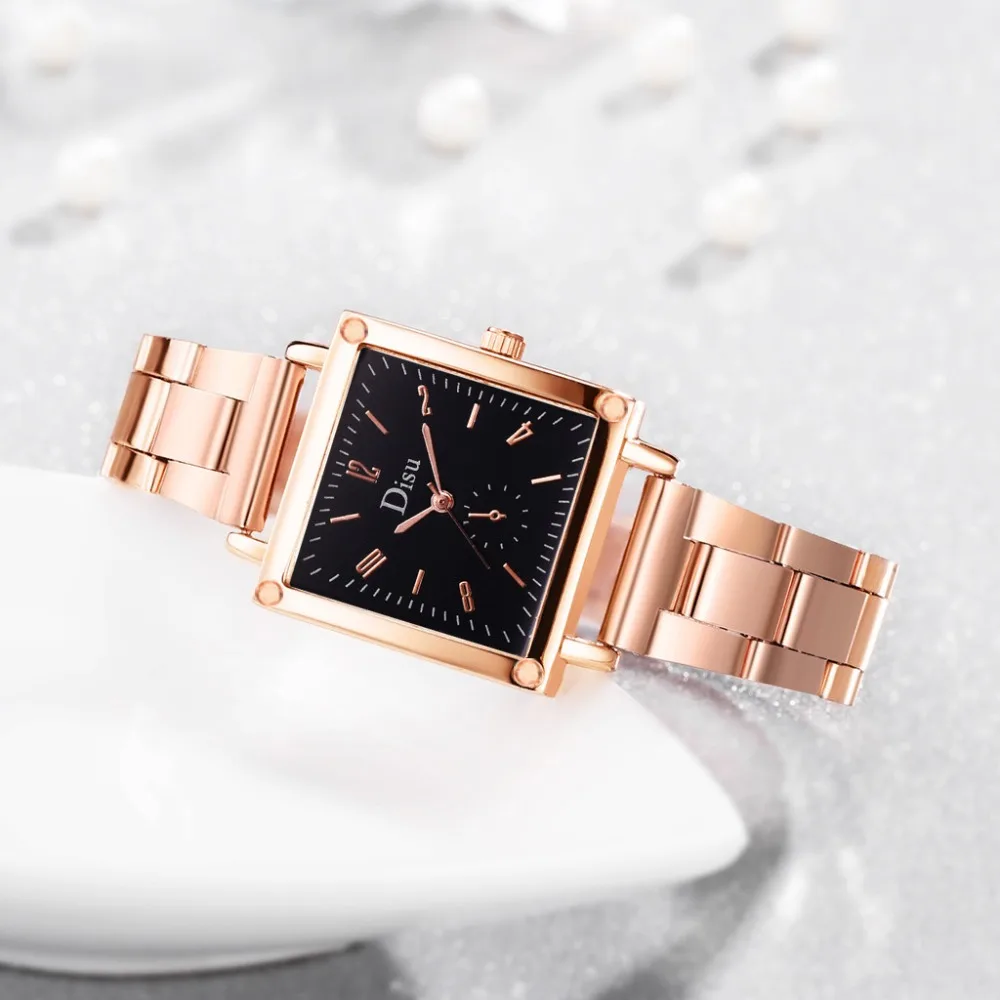 Роскошные женские часы, простой квадратный циферблат, Дамская мода, кварцевые наручные часы, розовое золото, сплав, ремешок, часы, повседневные, Reloj Mujer@ 50