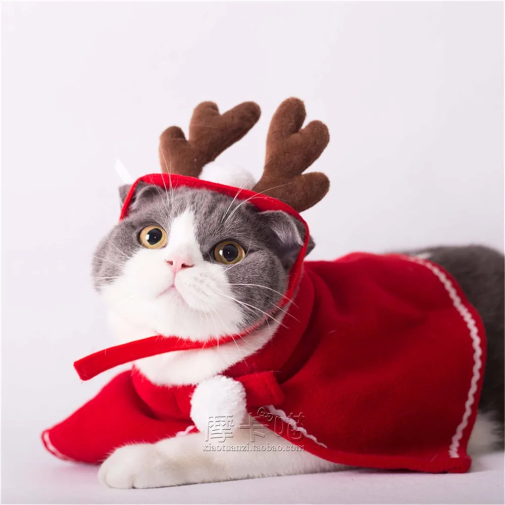 

Creative Pet Cat Clothing Christmas Party Puppy Cat Costumes Red Different Size Cloaks Mantle with Buckhorn Set Suit For Cats