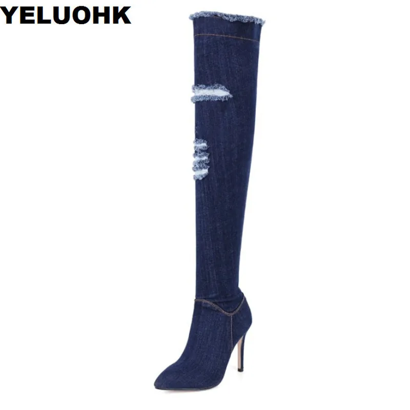 

New Autumn Shoes Over The Knee High Boots Pointed Toe Denim Shoes High Heels Women Boots Casual Shoes Woman Pumps