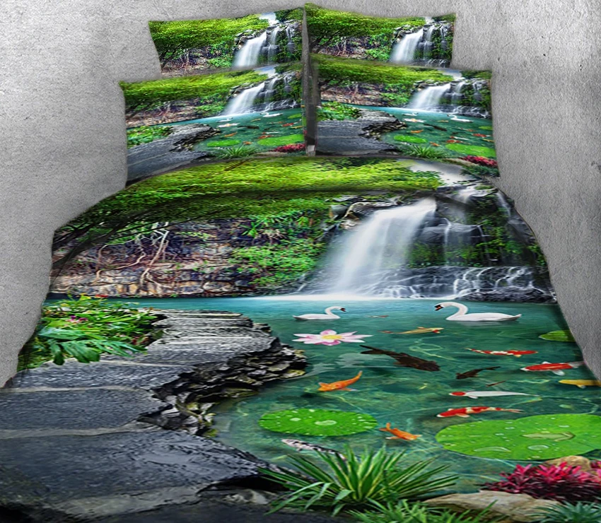 

Fish and Swan in a Waterfall and Pool 3d effect photo bed linen can be customized photo pattern