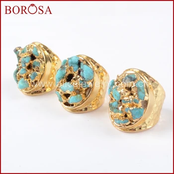 

BOROSA 5pcs Gold Color Rough Natural Turquoises Chips Ring, Fashion Natural Blue Howlite Rings Gems Drusy Jewelry G1433