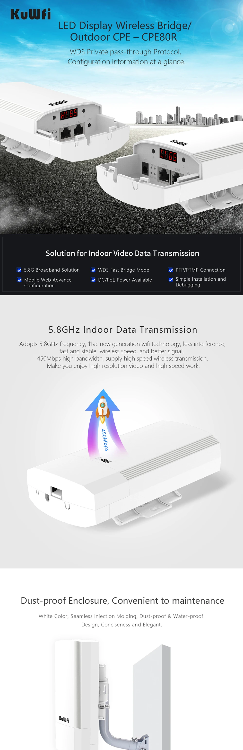 5G высокая мощность 450 Мбит/с 1 км точка-точка Открытый CPE маршрутизатор мост решение с светодиодный дисплей WDS функция нет настройки