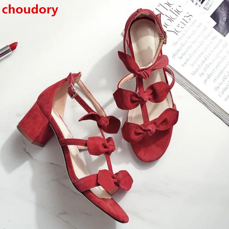 

Choudory 2017 Summer Ladies Bowtie Sandals Brand Designer Suede Leather Sweety Style Mid Heels Party Woman Shoes Big Size 34-43
