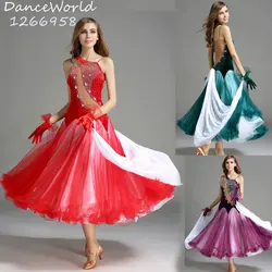 Новый большой качели зеленый бархат стандартные бальных танцев платья Фиолетовый Красный пайетки конкурс платья вальс производительность