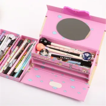 

Three Layer Stationery Box Pencil Case for Girls With Super Storage Password Lock and a mirror for kids School office supplies