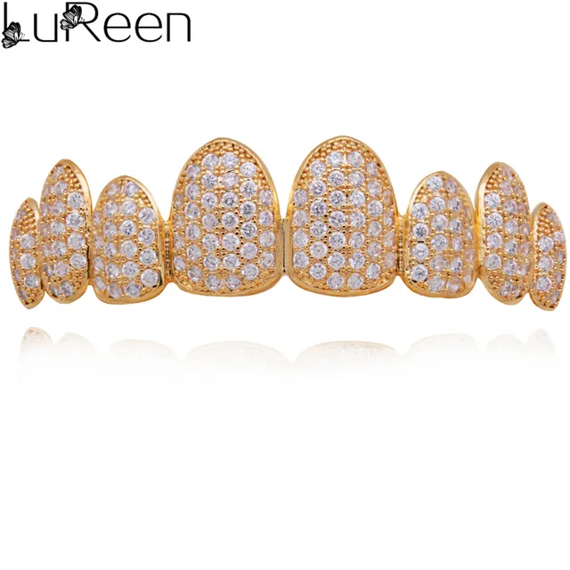 LuReen Iced Out Grillz Vampire Fangs Grillz Top Bottom Gold Teeth Hip Hop Tooth Caps CZ Crystal Bling Grillz Rapper Jewelry gold top