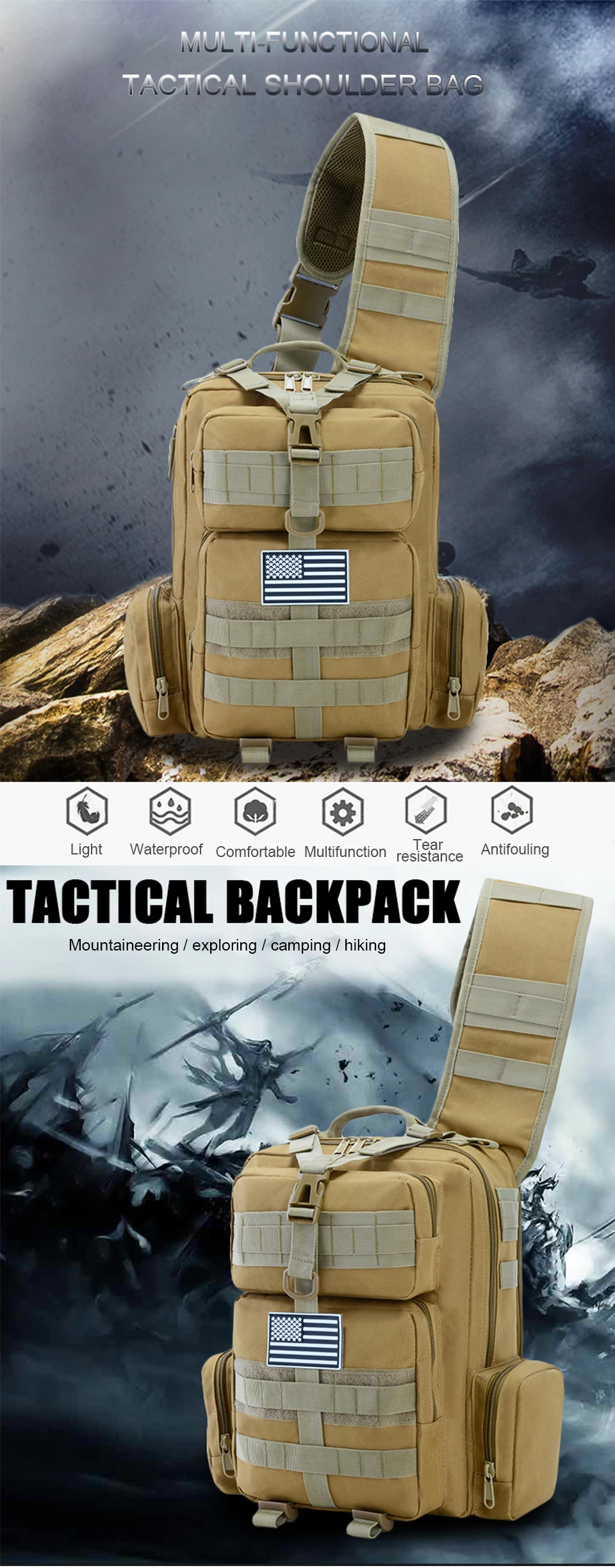 Outdoor Sports Tactical Bag Military Bags Assault Camouflage Bagpack Waterproof Shoulder Bag Pack Molle Messenger Chest Daypack (1)
