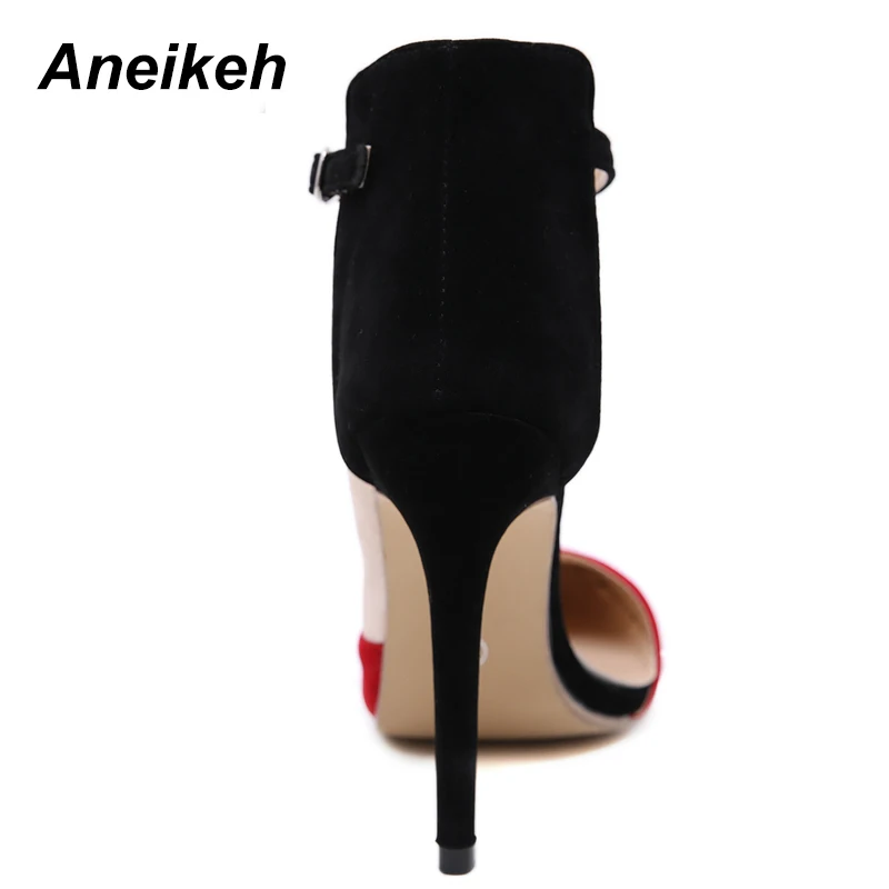 Aneikeh 2019 Fashion Women's Shoes Faux Suede Contrast Color Pointed Toe Pumps High Heels Stiletto Heels Patchwork Wedding Shoes