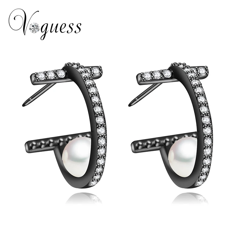 

VOGUESS Wholesale Fashion Black Gun Color Earrings Summer New Jewelry for Women Wedding Pearl Gift