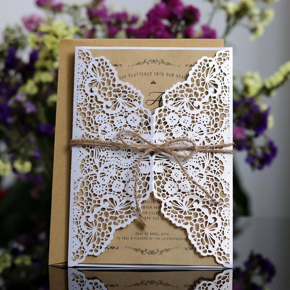  10pcs Laser Cut Wedding Invitations Card Brown Paper Fashion Shapes Cards Supplie With a Rope Elega - 33024011011