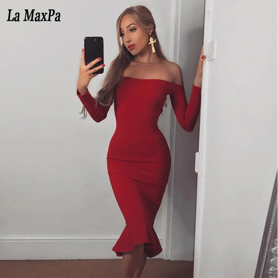 

2017 New women autumn long sleeve slash neck bandage dress sexy slim ruffles evening party elegant red fishtail dresses vestidos